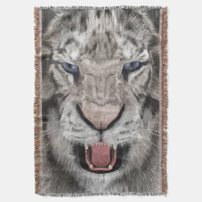 White Tiger Head Wildlife Aesthetic Throw Blanket (Front Vertical)