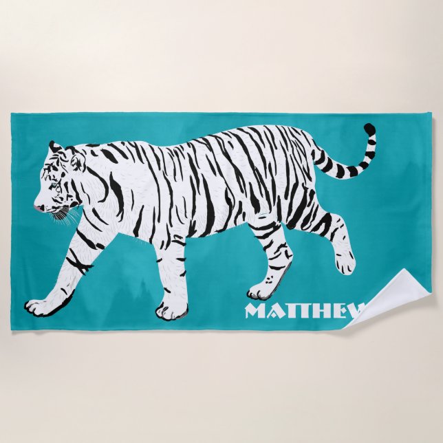 White Tiger Illustration on Teal Personalized Beach Towel (Front)