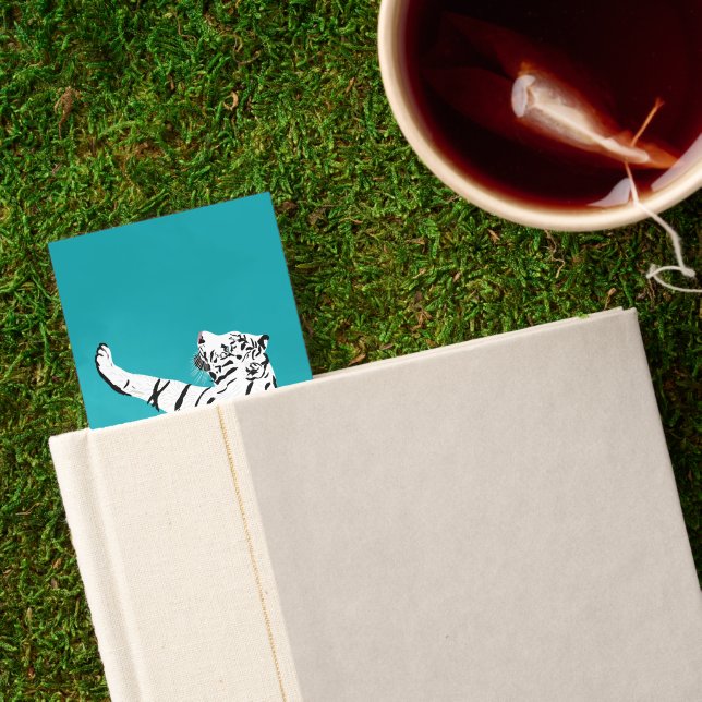 White Tiger Illustration on Teal Personalized Bookmarks (Closed Book)