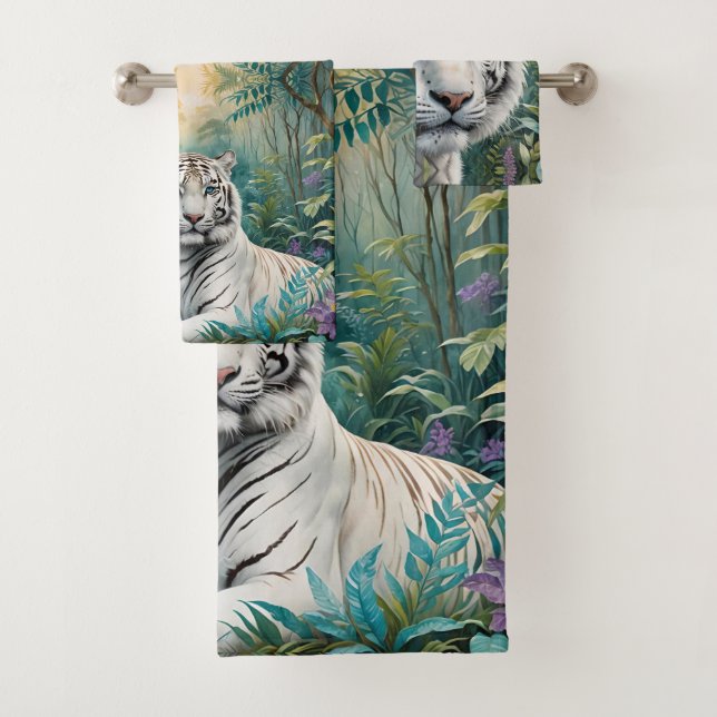 White Tiger in a Blue Green Jungle Bath Towel Set (Insitu)