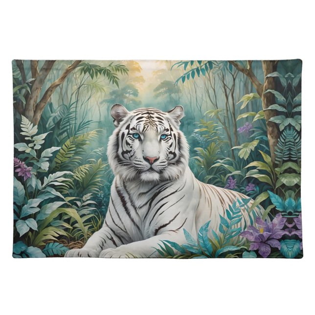 White Tiger in a Blue Green Jungle Cloth Placemat (Front)