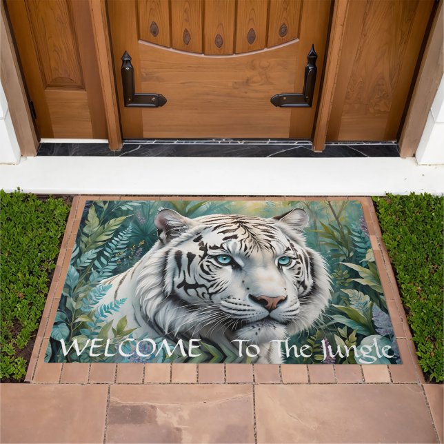 White Tiger in a Blue Green Jungle Doormat (Outdoor)