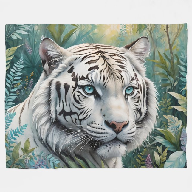 White Tiger in a Blue Green Jungle Fleece Blanket (Front (Horizontal))