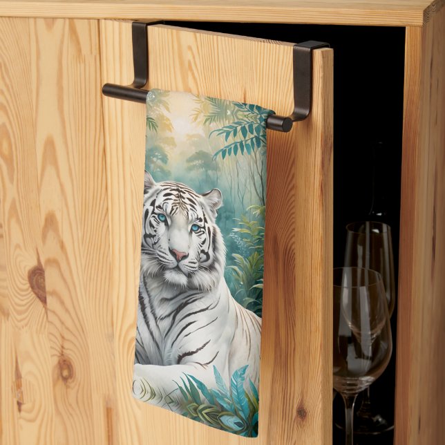 White Tiger in a Blue Green Jungle Kitchen Towel (Thirds Fold)