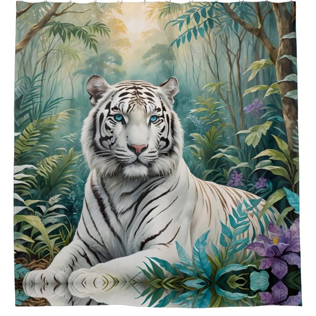 White Tiger in a Blue Green Jungle Shower Curtain (Front)