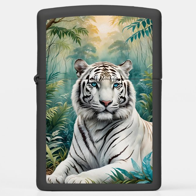 White Tiger in a Blue Green Jungle Zippo Lighter (Front)