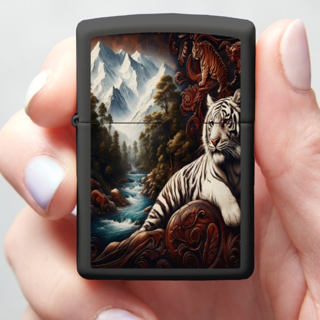 White Tiger In A Mountain Valley Zippo Lighter (In Hand)