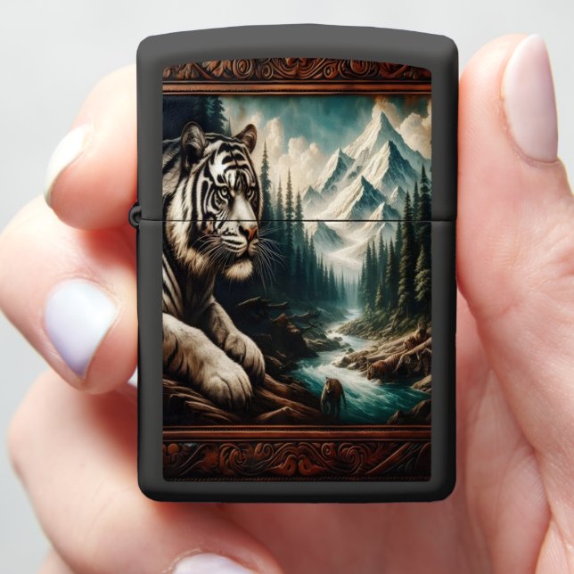White Tiger in a Mountainous Forest Zippo Lighter (In Hand)