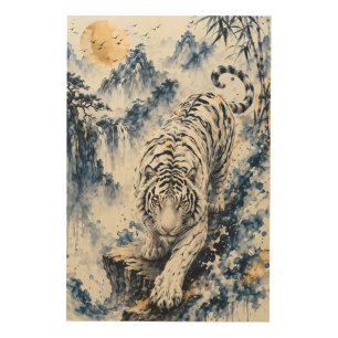 White Tiger in Blue Ink Wash Landscape – Elegant C Wood Wall Art