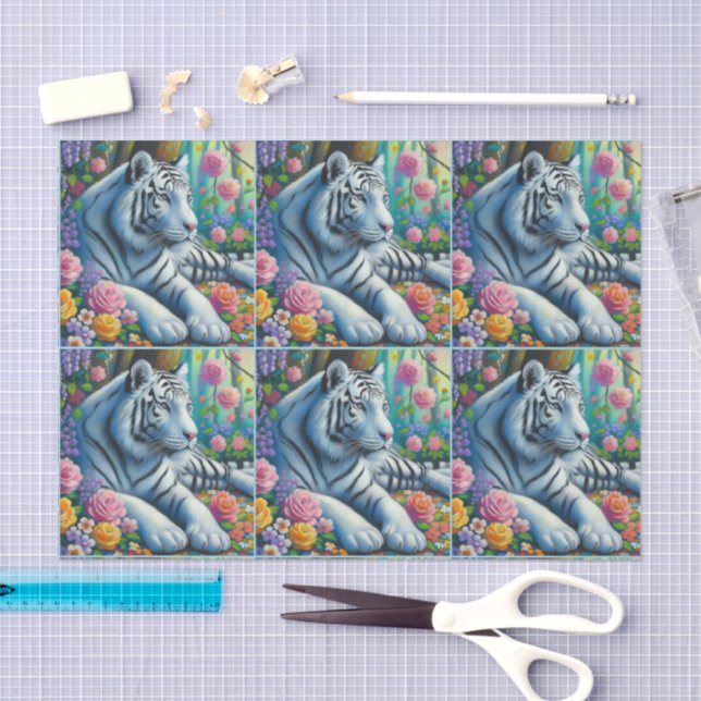 White Tiger in Forest w/Flowers Decoupage Tissue Paper (Craft)