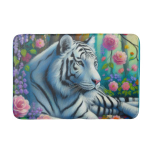 White Tiger in Forest w/Flowers Teal Pink Colorful Bath Mat