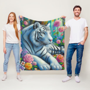 White Tiger in Forest w/Flowers Teal Pink Colorful Fleece Blanket