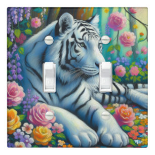 White Tiger in Forest w/Flowers Teal Pink Colorful Light Switch Cover