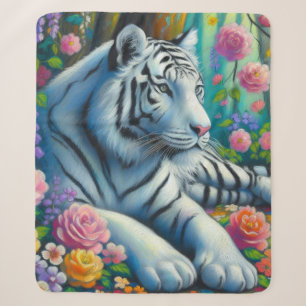 White Tiger in Forest w/Flowers Teal Pink Colorful Sherpa Blanket