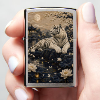 White Tiger in Moonlit Lotus Pond – Asian Garden W Zippo Lighter