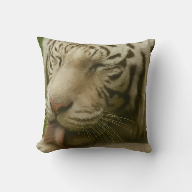 White Tiger in Private Grooming Ritual Throw Pillow (Front)