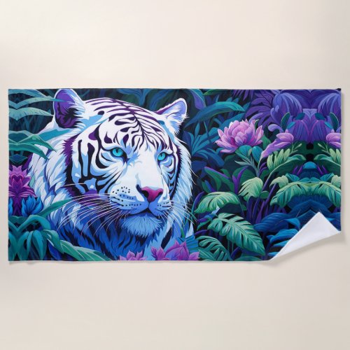 White Tiger in purple flowers  Beach Towel