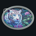 White Tiger in purple flowers  Belt Buckle<br><div class="desc">blue eyed white tiger in tropical leaves and purple flowers

AI Art by minx267</div>