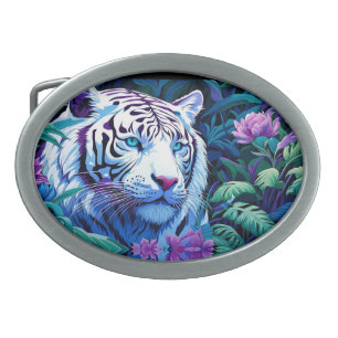 White Tiger in purple flowers  Belt Buckle