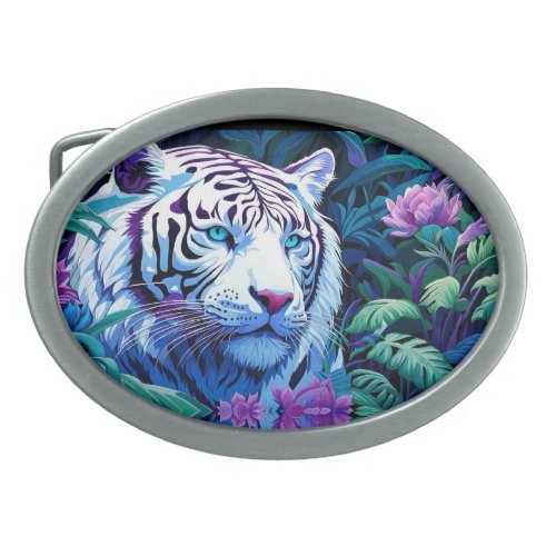 White Tiger in purple flowers  Belt Buckle