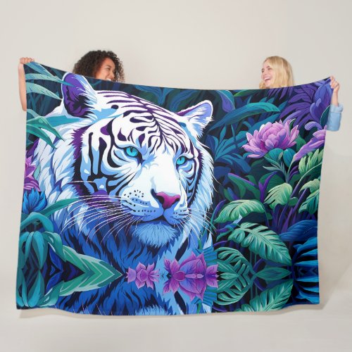 White Tiger in purple flowers  Fleece Blanket