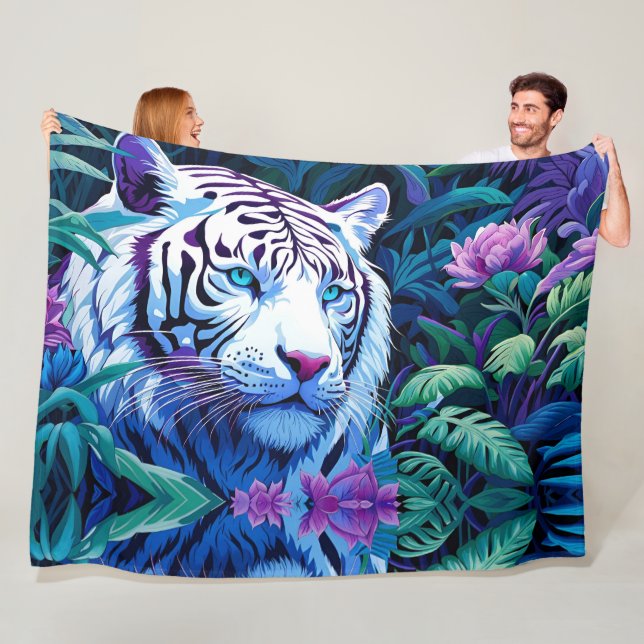 White Tiger in purple flowers  Fleece Blanket (In Situ)