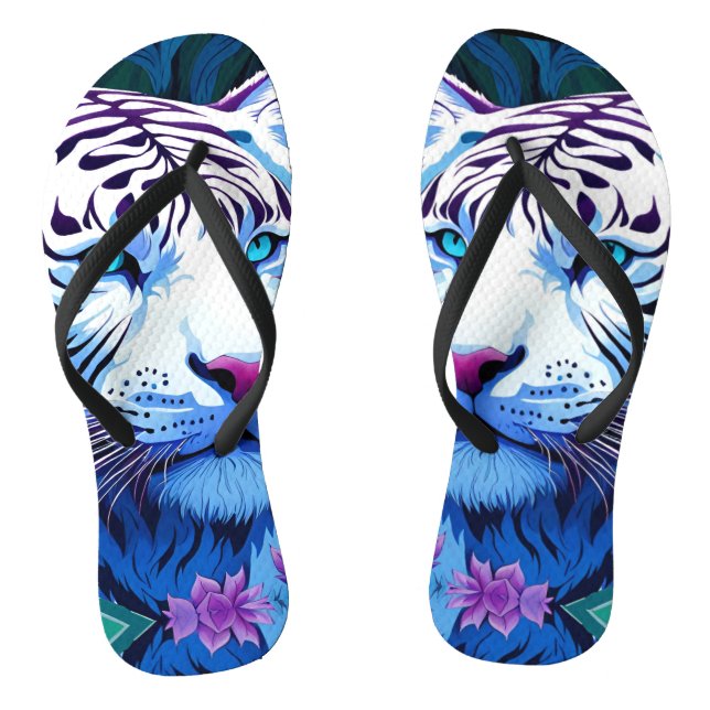 White Tiger in purple flowers  Flip Flops (Footbed)