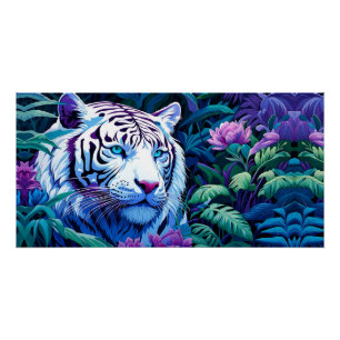 White Tiger in purple flowers  Poster