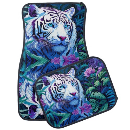 White Tiger in purple flowers Reflection Car Floor Mat