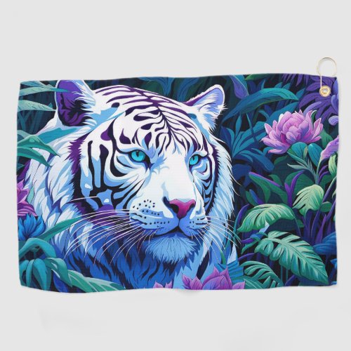 White Tiger in purple flowers Reflection Golf Towel