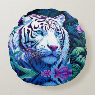 White Tiger in purple flowers  Round Pillow