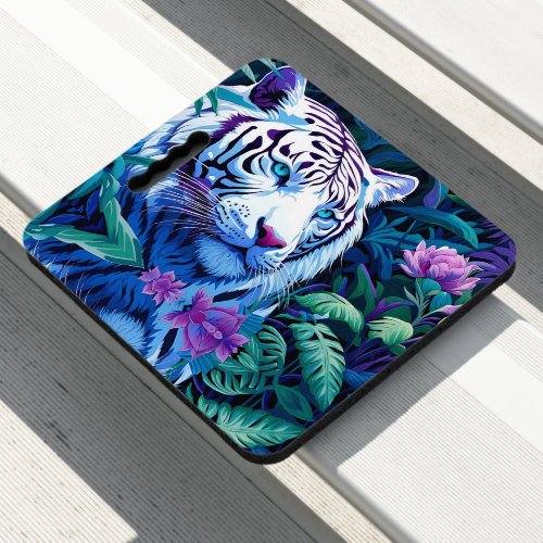White Tiger in purple flowers  Seat Cushion