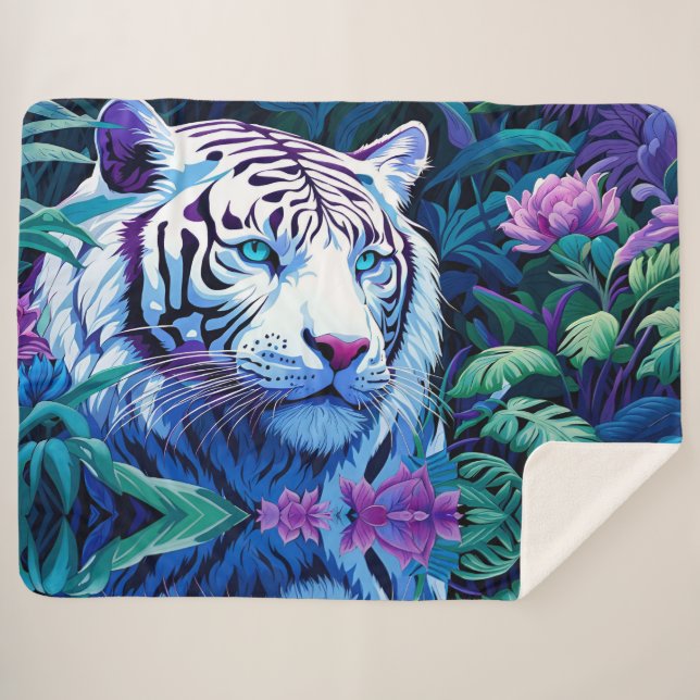 White Tiger in purple flowers  Sherpa Blanket (Front (Horizontal))