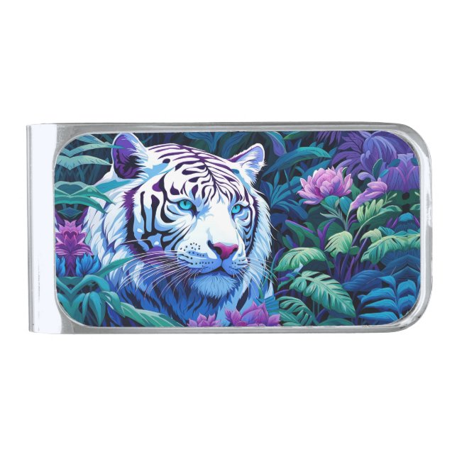 White Tiger in purple flowers  Silver Finish Money Clip (Front)