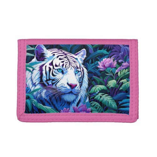 White Tiger in purple flowers  Trifold Wallet