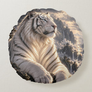 White Tiger in Snowy Mountains – Majestic Wildlife Round Pillow