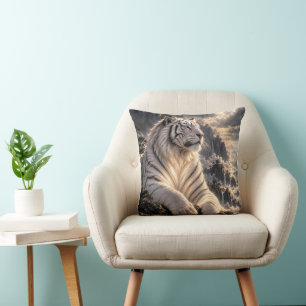 White Tiger in Snowy Mountains – Majestic Wildlife Throw Pillow