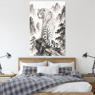 White Tiger Ink Painting on Mountain Cliff – Orien Canvas Print