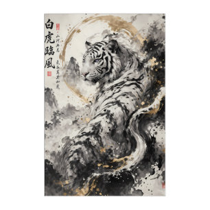 White Tiger Ink Painting Oriental Mountain Zen Art