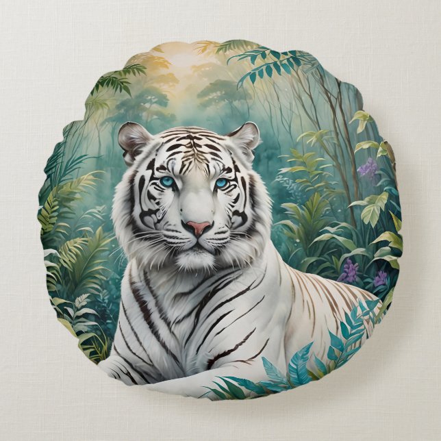 White Tiger Jungle Flora Round Pillow (Front)