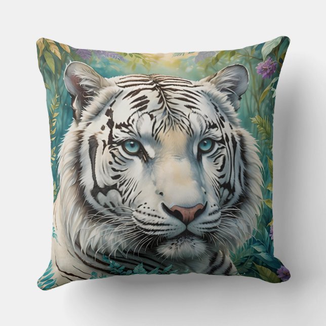 White Tiger Jungle Flora Throw Pillow (Back)