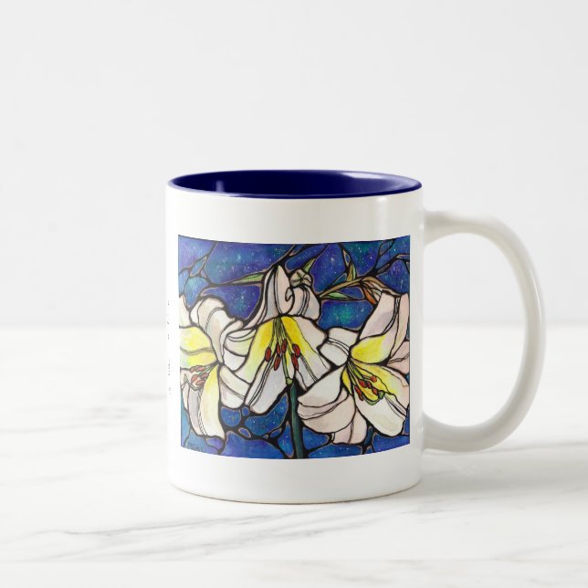 White Tiger Lily Flowers Stained Glass Design Art Two-Tone Coffee Mug (Right)