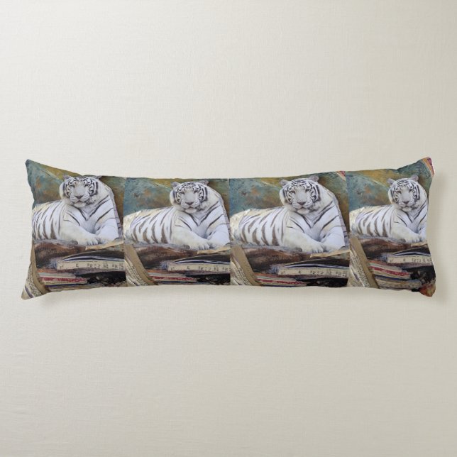 White Tiger Mixed-Media Collage – Elegant Art Pill Body Pillow (Front)