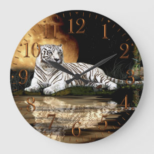 White Tiger & Moon Big Cat Animal-Lover Wall Clock