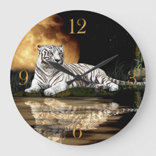 White Tiger & Moon Big Cat Animal-Lover Wall Clock