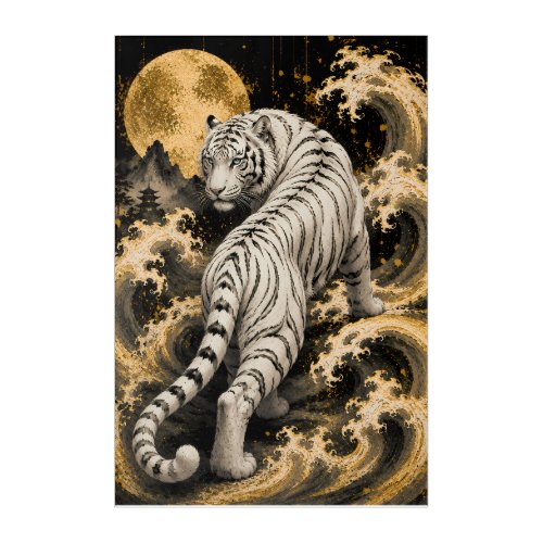 White Tiger Moon Wave Relief Art | Embossed White
