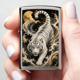 White Tiger Moon Wave Relief Art   Embossed White  Zippo Lighter
