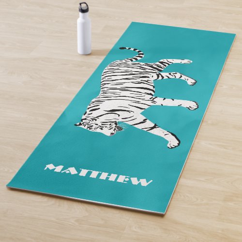 White Tiger on Bright Teal Turquoise Personalized Yoga Mat