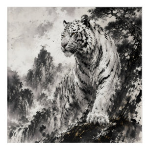 White Tiger on Mountain Cliff Traditional Ink Wi Acrylic Print