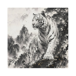 White Tiger on Mountain Cliff Traditional Ink Wi Metal Print